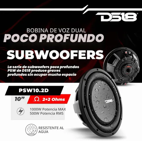 Vista 2 de DS18 PSW10.2D Subwoofer de 10" de Montaje Profundo 1000 Vatios de Potencia Máxima 500 Vatios RMS Bobina de Voz Dual 2+2 OHMS Resistente al Agua