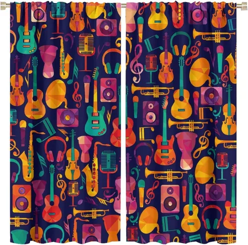 Vista 30 de Cortinas abstractas con notas musicales de piano, temática musical de piano, decoración de dormitorio de niños y niñas, arte rústico retro
