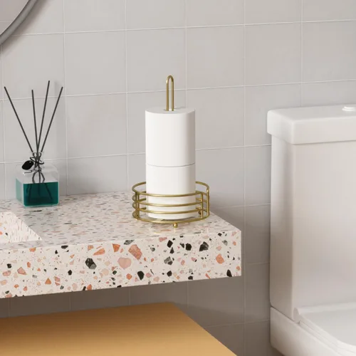 Vista 7 de Buruis Toallero de papel dorado brillante para encimera de cocina, desgarro con una mano con base de 8 pulgadas de ancho, 13 pulgadas de altura