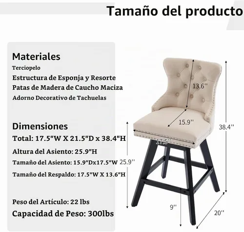 Vista 2 de Juego de 2 taburetes de bar giratorios de altura de mostrador, modernos taburetes de bar para isla de cocina, taburetes de bar beige con respaldo