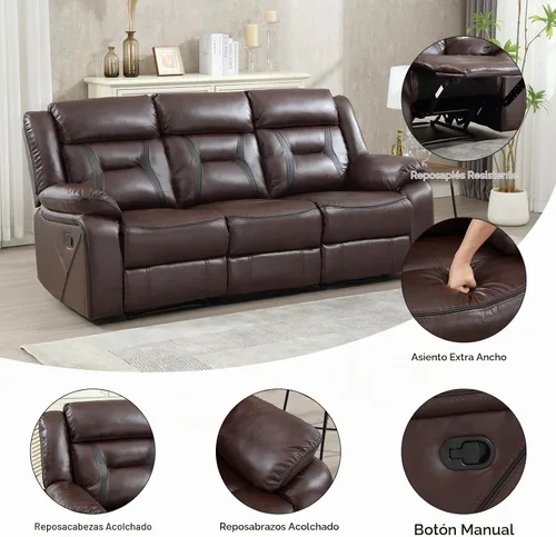 Vista 3 de Sofá reclinable manual de cuero sintético, sofá reclinable de 3 plazas, sofá cama para sala de estar, muebles, sala de reuniones, marrón oscuro