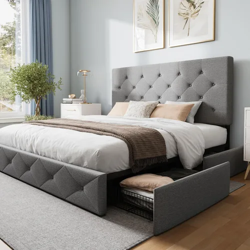 Vista 16 de WEEWAY Base de cama de plataforma de tamaño matrimonial con 4 cajones de almacenamiento, cabecera capitonada con botones de costura de diamante