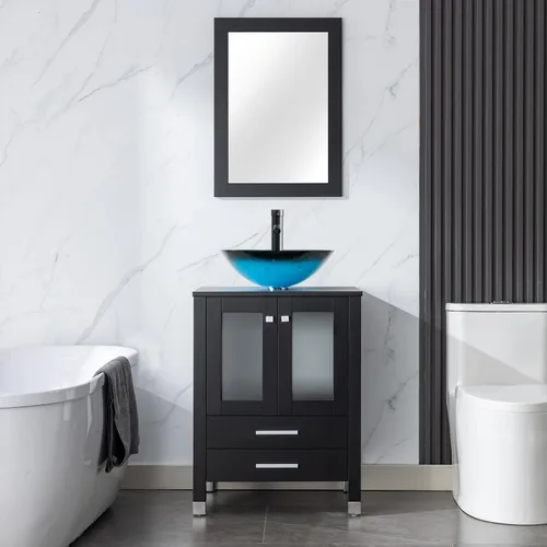 Vista 18 de LUCKWIND Combinación de tocador de baño de 24 pulgadas con lavabo, serie elegante con marco pintado, armario de almacenamiento de baño de dos