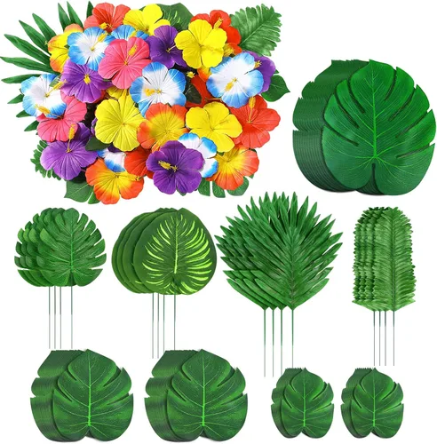Vista 10 de 126 piezas de suministros para decoraciones de fiesta Luau, hojas de palma tropicales, flores de hibisco, hojas artificiales simuladas para fiestas
