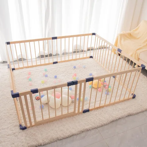 Vista 3 de Corralito de madera para bebés, parque infantil de madera maciza de 59 x 71 pulgadas, área de juego con valla para bebés con puerta de seguridad