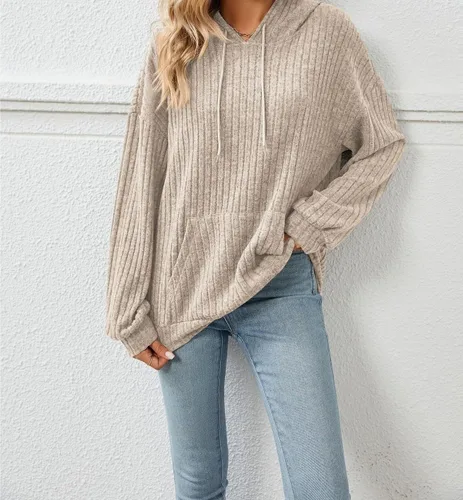 Vista 3 de ONDIAN Women Long Sleeve Strip Knitted Hoodie Top Casual Solid Pullover with Drawstring Hooded Striped Sweater Loose Fit
