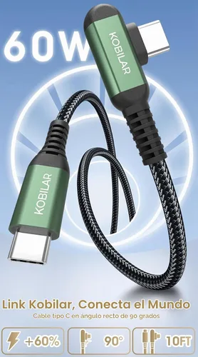Vista 2 de Cable USB C a USB C de 10 pies, cable de carga tipo C en ángulo recto, 2 unidades, cargador rápido de 60 W USB C de 90 grados para iPhone 16/17 Pro