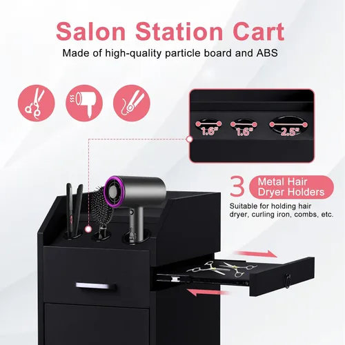 Vista 5 de Winado Carrito de almacenamiento de peluquería con ruedas y 3 soportes para secador de pelo, 4 cajones y cerradura y 2 llaves, estación de Negro