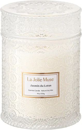 Vista 10 de LA JOLIE MUSE Vela de vainilla y coco – Coco, freesia y vainilla Vela de mecha de madera grande de 19 oz Cera de soja natural 90 horas de Isla
