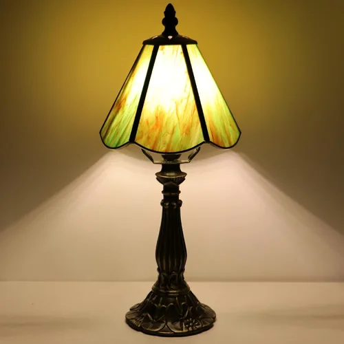 Vista 5 de Small Tiffany Style Table Lamp Amber Green Stained Glass Lamp 14 Inch