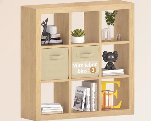 Vista 25 de Estantería con contenedor de almacenamiento, organizador de almacenamiento de 6 cubos, estantería abierta de madera moderna, estante de cubículos