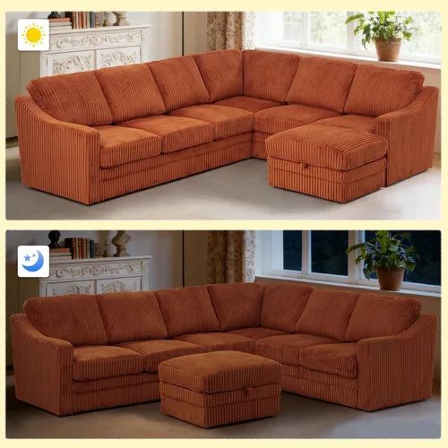 Vista 4 de Sofá modular de pana de 115 pulgadas con otomana de almacenamiento Naranja