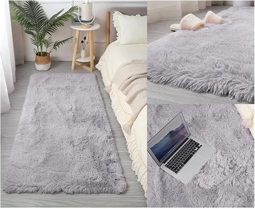 Vista 4 de GIBZ Alfombra rectangular de pelo largo de piel para interiores, antideslizante, suave, para dormitorio, sala de estar, lavable, color azul, 2