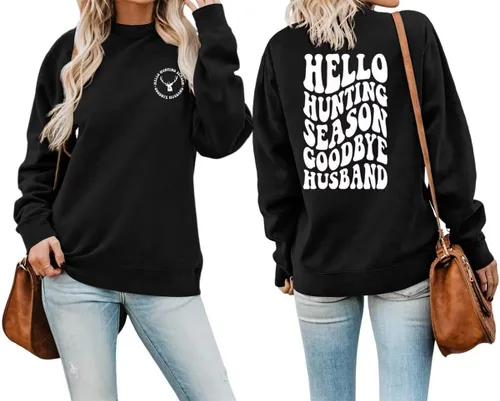 Vista 35 de DUDIHOHX Hello Hunting Season Goodbye Husband - Sudadera de manga larga con estampado de moda, casual, cuello redondo