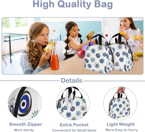 Vista 4 de Lonchera con aislamiento de ojo malvado azul para niñas y niños, lonchera reutilizable para niños, adultos, escuela, estudiantes, trabajo, picnic