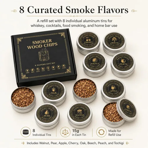 Vista 2 de Chips de madera para ahumar cócteles y whisky, juego de repuesto de chips de madera de 8 sabores en latas de aluminio para kit de ahumador