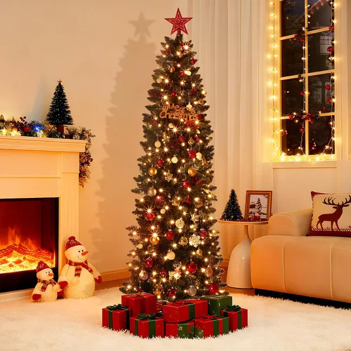 Vista 14 de Árbol de Navidad artificial flocado de nieve de 6 pies, árbol de Navidad delgado sin luz con piñas, puntas de ramas de PVC, soporte de metal