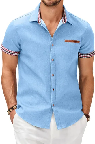 Vista 13 de COOFANDY Camisas casuales de manga corta de algodón con botones para hombre Verde militar