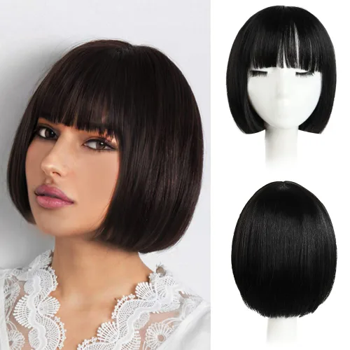 Vista 38 de Pelucas Bob con flequillo, peluca de cabello castaño rojizo de 10 Caoba