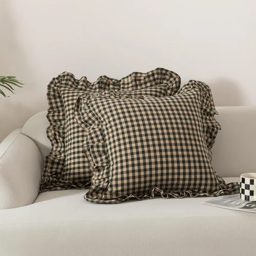 Vista 8 de Lemfux Juego de 2 fundas de almohada con volantes, fundas de almohada decorativas de algodón lavado, fundas de cojín sólidas desgastadas y elegantes