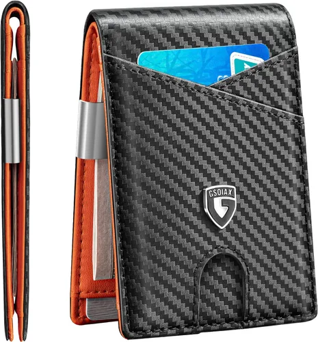 Vista 53 de GSOIAX Cartera delgada de cuero plegable RFID para hombre, billetera minimalista con bolsillo frontal con clip para dinero, 12 ranuras para Negro