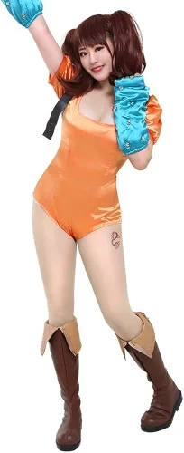 Vista 6 de miccostumes Disfraz de cosplay para mujer, leotardo naranja con protectores de brazos y bolsa