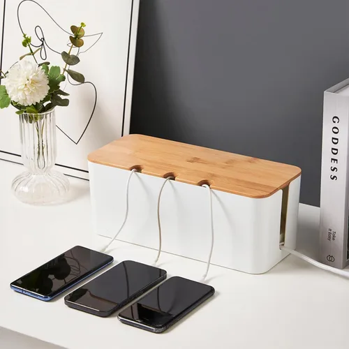 Vista 6 de Caja de organización de cables con tapa de bambú, caja organizadora de cables para ocultar cables y regletas de alimentación, cable de extensión
