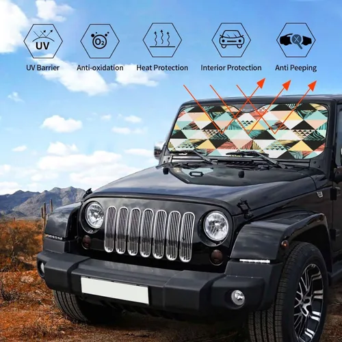 Vista 6 de Hawaiian Geometric Triangle Coconut Tree Sun Visor Protector Blocks UV Rays Keep Cool for Most Sedans SUV Truck Automotive Truck Passenger Car