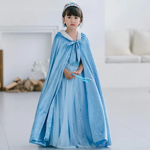 Vista 2 de Disfraz de princesa Elsa de terciopelo con capucha larga capa de capa de vestir