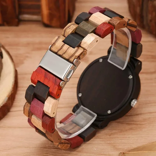 Vista 4 de Reloj de luz de madera para mujer, reloj analógico para mujer, correa de madera con cierre plegable, relojes de madera para mujer