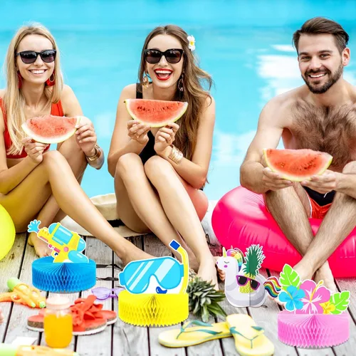 Vista 5 de Teling 9 piezas de centros de mesa de panal de abeja de verano para piscina, playa, decoración 3D de doble cara sandía panal de abeja flamenco