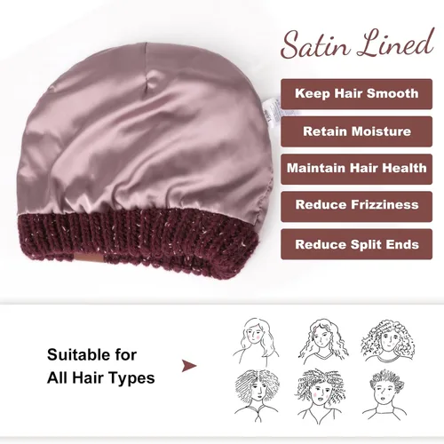Vista 3 de Gorro de punto de invierno con forro de satén para mujer, gorro de cable, sedoso, suave, lavado, cálido