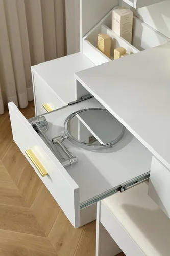 Vista 6 de FOREST GRAVITY Tocador grande de 58.3 pulgadas con espejo plegable y luces, escritorio de maquillaje con espejo y luces, tomacorriente, silla y dos