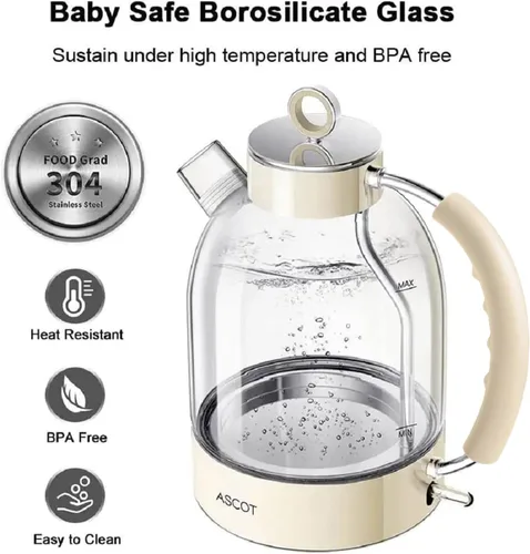 Vista 5 de ASCOT Hervidor eléctrico, hervidor de té eléctrico de vidrio para hombres/mujeres/familia, 1.5 L, 1500 W, calentador de té de vidrio