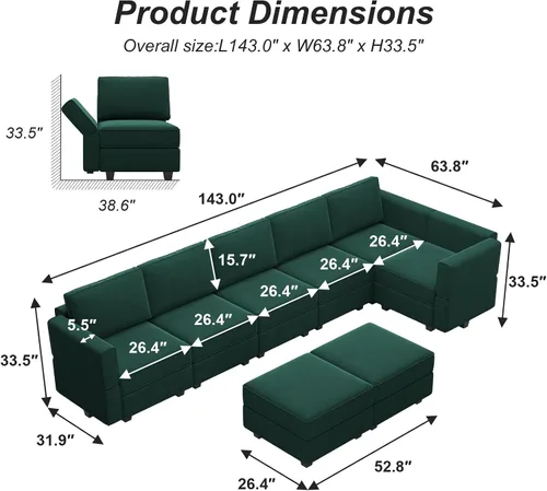 Vista 2 de Belffin Sofá modular de gran tamaño en forma de L con diván reversible convertible en forma de L, sofá seccional verde