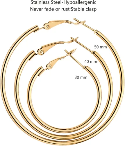 Vista 5 de Juego de 6 pares de aretes de aro chapados en oro de acero inoxidable para mujeres y niñas aros hipoalergénicos para mujer 304050in Acero inoxidable