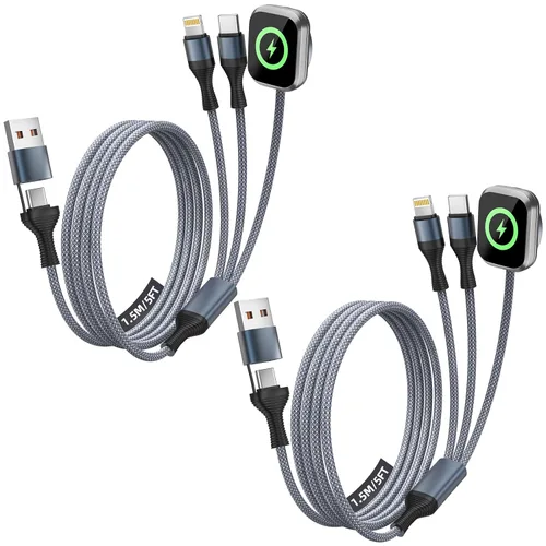 Vista 8 de Travel Essentials - Cable de carga múltiple 4 en 1 para cargador de reloj de iPhone, USB A a doble tipo C/IP/iWatch, cargadores de viaje