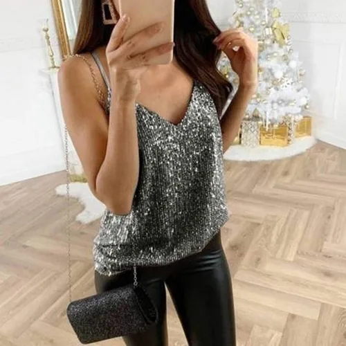 Vista 3 de YAnGSale Top - Chaleco con purpurina para mujer, camiseta sin mangas con tirantes para mujer, blusa sexy con vuelo, para club, sin mangas, Multicolor