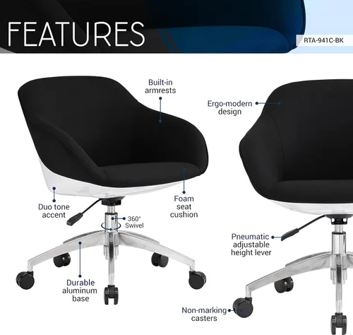 Vista 4 de Techni Mobili Silla de trabajo tapizada con soporte lumbar, silla de oficina de altura ajustable con control de inclinación y giro de 360 grados