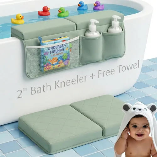 Vista 6 de Juego de rodilleras y coderas de baño extra gruesas de 2 pulgadas + toalla con capucha Rodilleras de diseño bordado para bañar bebé Juego