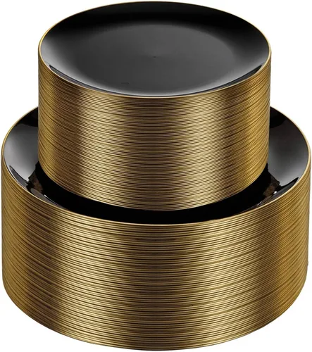 Vista 15 de KIRE 60 platos de plástico negro, platos desechables negros con borde dorado para fiesta de Halloween/graduación, incluye 30 unidades de 10.25