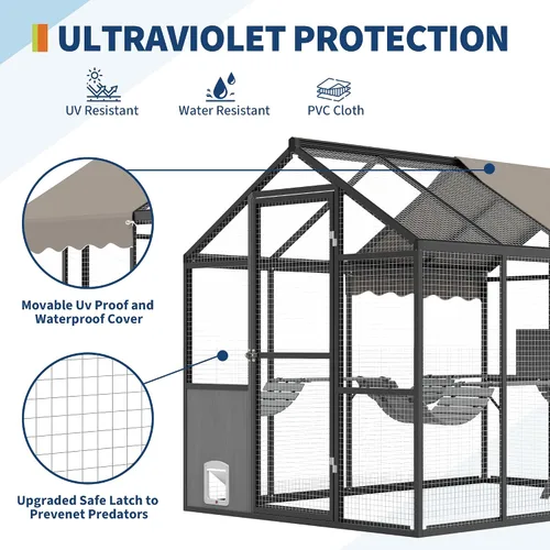 Vista 6 de Garvee Gran recinto para gatos al aire libre para múltiples gatos, resistente a la intemperie con cubierta UV, plataforma y puerta lateral