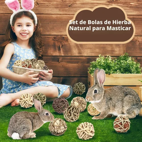 Vista 3 de VESPRO Bolas de Hierba Masticable para Conejos, (8 Piezas) Juguetes Masticables Rodantes para Animales Pequeños, Juguetes Naturales de Hierba