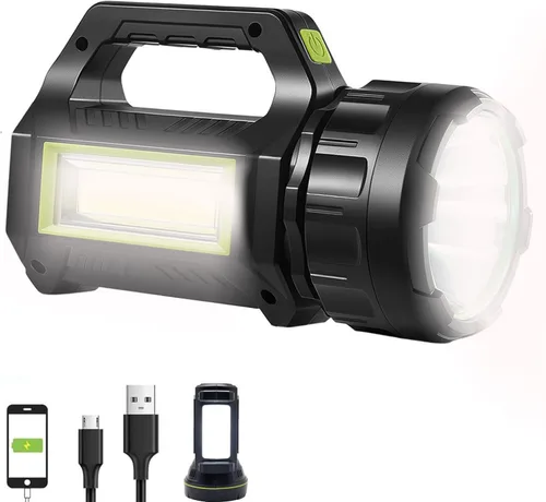 Vista 10 de SUYOOULIN Linterna LED recargable solar, súper brillante, 10000 lm, reflector LED de mano, linterna de campamento, luz de trabajo, 5 modos de luz