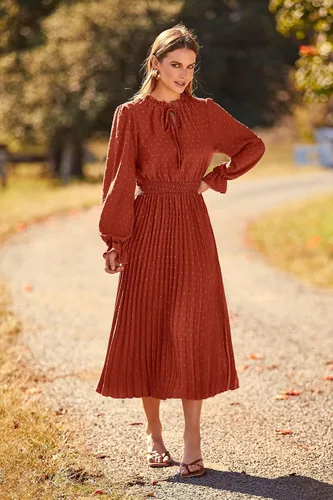 Vista 9 de PRETTYGARDEN Vestido midi de otoño 2024 para mujer, casual, manga larga, cuello en V, lunares suizos, plisado, acampanado, vestidos fluidos