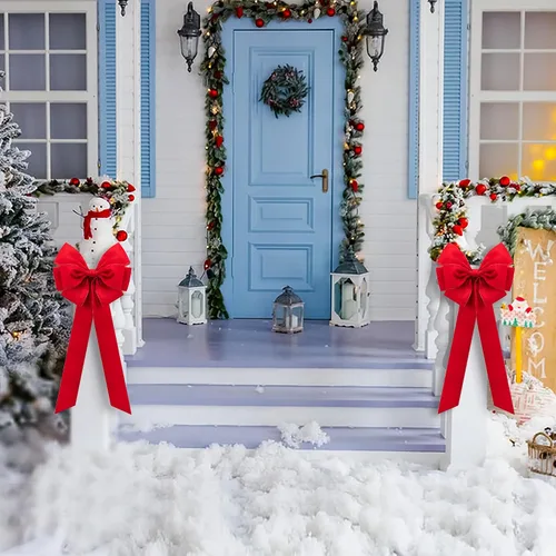 Vista 4 de Iceyyyy 2 lazos grandes de Navidad, 35.4 x 17.1 pulgadas, lazos de terciopelo rojo con bordes dorados, adornos para decoración de árbol de Navidad