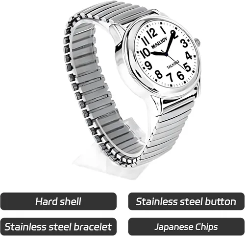 Vista 5 de English Talking Men's Watch for Elderly, Low Vision or Visually Impaired, Loud Sound, Large Numbers, Bold Hands, Stainless Steel Expandable Strap