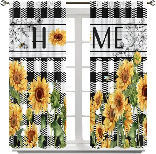 Vista 22 de Sunflower Curtains for Living Room Bedroom, Spring Nature Blue Sky and Butterfly Window Drapes, Rustic Wooden Fence Floral Botanical Decor, 2 Panels