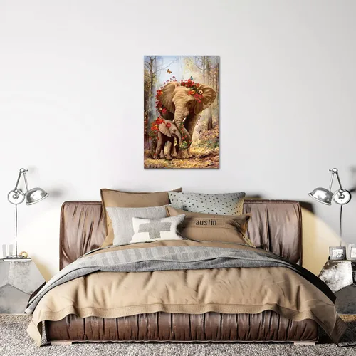 Vista 5 de iHAPPYWALL Pintura vintage de elefante para mamá y bebé, arte de pared de animales salvajes, flores, bosque, paisaje, obra de arte para el hogar