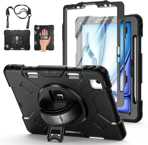 Vista 19 de Funda para iPad de 9ª/8ª/7ª generación de 10,2", color negro Shockproof Protective Silicone Cover with Rotatable Stand-Screen Protector-Handle